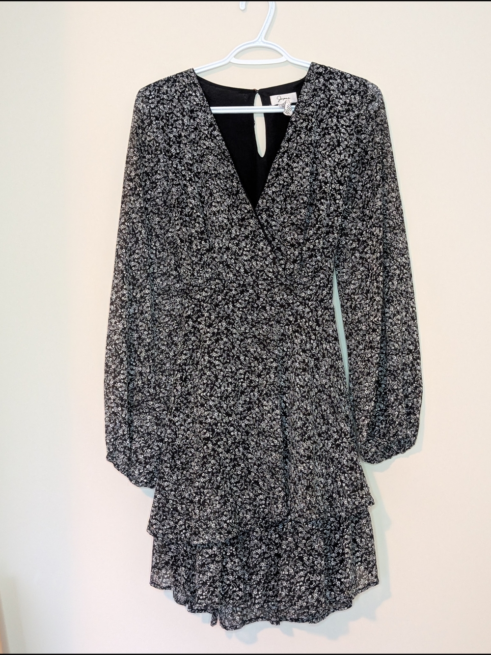 Japna, Floral Wrap Long-Sleeve Mini Dress - Black/White, Size Large
